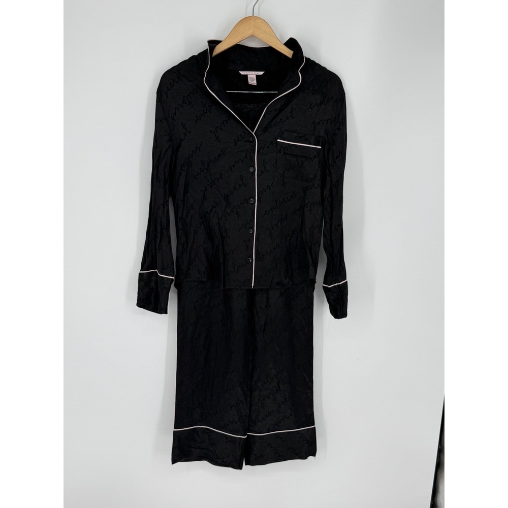 Victoria's Secret Black Satin w/White Piping Pajama 2 Piece PJ Set Size Med L5